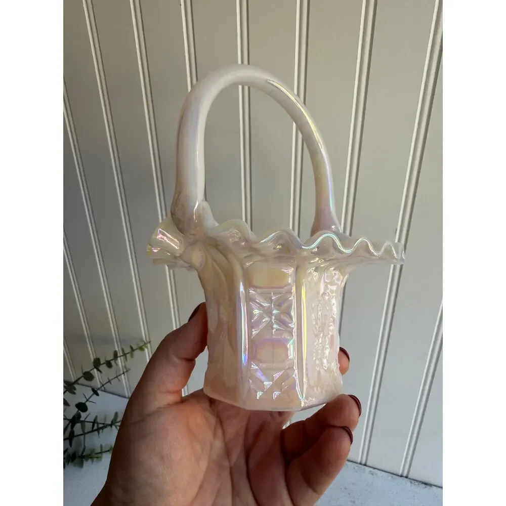 Vintage Fenton Iridescent Pink & White Glass Basket | Ruffled Edge Elegant Gift